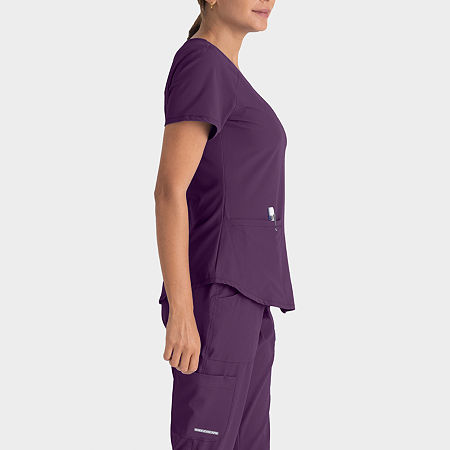 Skechers Sk101 Breeze 3-Pocket Curved Womens V Neck Tag Free Stretch Fabric Moisture Wicking Short Sleeve Scrub Top, X-large, Purple