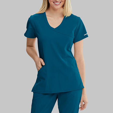 Skechers Sk102 Reliance 3-Pocket Crossover Womens V Neck Tag Free Stretch Fabric Moisture Wicking Short Sleeve Scrub Top, Medium, Blue