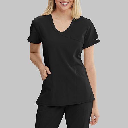 Skechers Sk102 Reliance 3-Pocket Crossover Womens V Neck Tag Free Stretch Fabric Moisture Wicking Short Sleeve Scrub Top, Large, Black