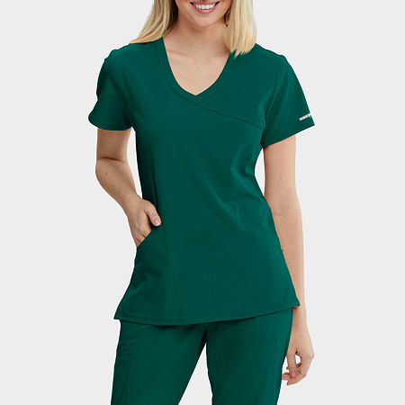 Skechers Sk102 Reliance 3-Pocket Crossover Womens V Neck Tag Free Stretch Fabric Moisture Wicking Short Sleeve Scrub Top, Large, Green