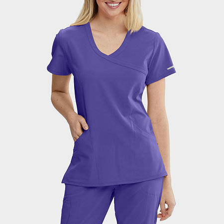 Skechers Sk102 Reliance 3-Pocket Crossover Womens V Neck Tag Free Stretch Fabric Moisture Wicking Short Sleeve Scrub Top, Large, Purple