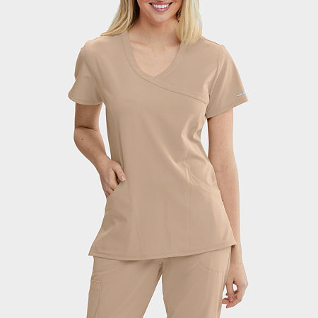 Skechers Sk102 Reliance 3-Pocket Crossover Womens V Neck Tag Free Stretch Fabric Moisture Wicking Short Sleeve Scrub Top, X-small, Brown