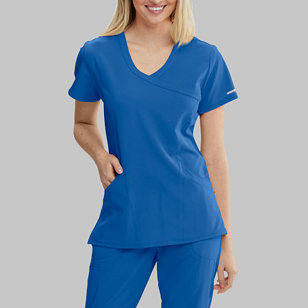 Skechers Sk102 Reliance 3-Pocket Crossover Womens V Neck Tag Free Stretch Fabric Moisture Wicking Short Sleeve Scrub Top, Large, Blue