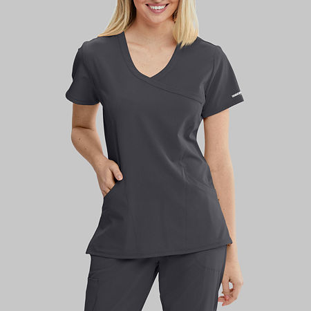 Skechers Sk102 Reliance 3-Pocket Crossover Womens V Neck Tag Free Stretch Fabric Moisture Wicking Short Sleeve Scrub Top, Large, Gray