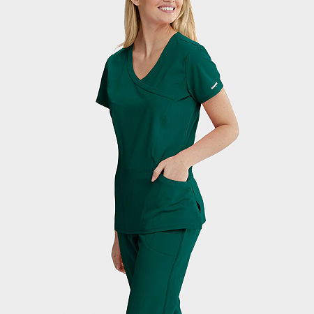 Skechers Sk102 Reliance 3-Pocket Crossover Womens V Neck Tag Free Stretch Fabric Moisture Wicking Short Sleeve Scrub Top, Large, Green