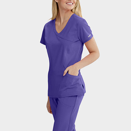 Skechers Sk102 Reliance 3-Pocket Crossover Womens V Neck Tag Free Stretch Fabric Moisture Wicking Short Sleeve Scrub Top, Large, Purple