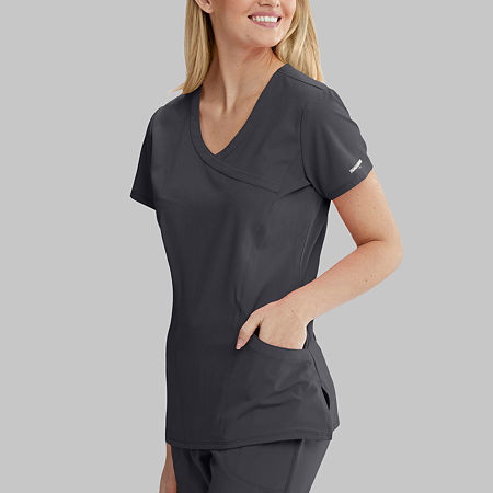 Skechers Sk102 Reliance 3-Pocket Crossover Womens V Neck Tag Free Stretch Fabric Moisture Wicking Short Sleeve Scrub Top, Large, Gray