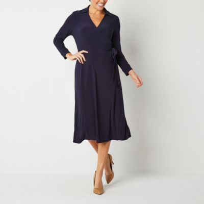 Black Label by Evan-Picone 3/4 Sleeve Midi Wrap Dress, Color: Navy ...