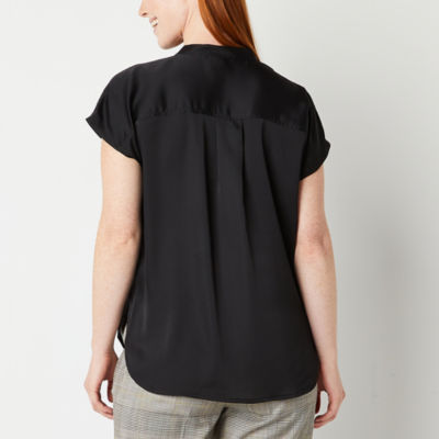 Worthington Womens Henley Neck Short Sleeve Satin Blouse