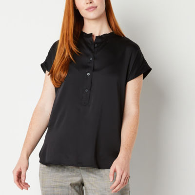 Worthington Womens Henley Neck Short Sleeve Satin Blouse