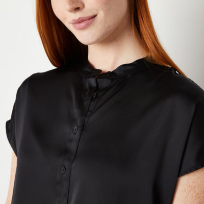 Worthington Womens Henley Neck Short Sleeve Satin Blouse