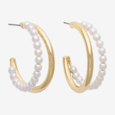 Bold Elements Gold Tone Womens Simulated Pearl 36.9mm Hoop Earrings