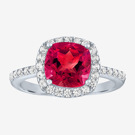 Womens Gemstone Sterling Silver Halo Cushion Cocktail Ring, 6, Ruby