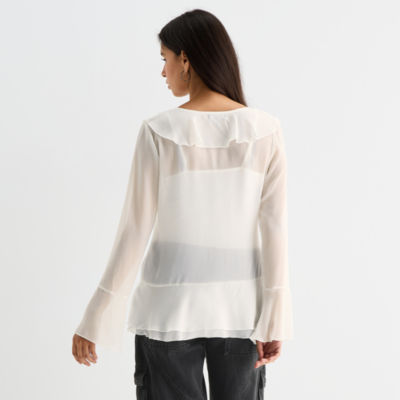 Forever 21 Womens Juniors Split Tie Neck Long Sleeve Blouse