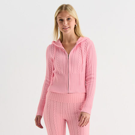Forever 21 Womens Hooded Long Sleeve Zipper Juniors Cable Knit Cardigan In Pink