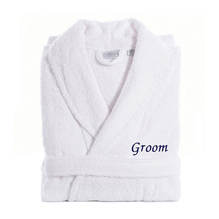 Linum Home Textiles Embroidered Groom Terry Bathrobe Unisex Adult Terry Cloth Long Sleeve Long Length Robe, Large-x-large, White