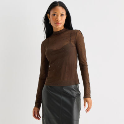 Worthington Womens Mock Neck Long Sleeve Blouse, Color: Hot Fudge