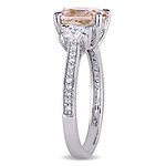 Modern Bride Gemstone Womens Genuine Pink Morganite 14K Gold Oval 3-Stone Halo Engagement Ring