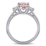 Modern Bride Gemstone Womens Genuine Pink Morganite 14K Gold Oval 3-Stone Halo Engagement Ring