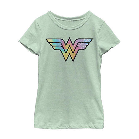 Little & Big Kid Girls Crew Neck Short Sleeve Regular Fit DC Comics Wonder Woman Graphic T-Shirt, Medium, Green