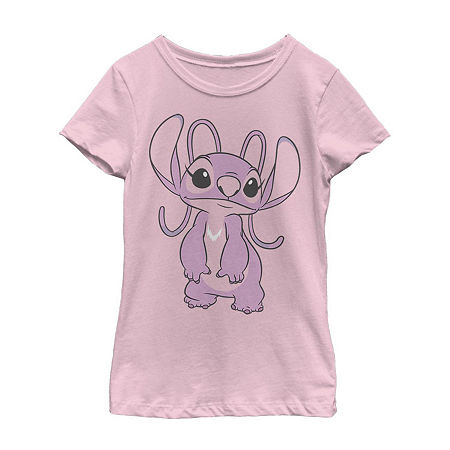 Little & Big Kid Girls Crew Neck Short Sleeve Slim Fit Lilo & Stitch Graphic T-Shirt, Large, Pink