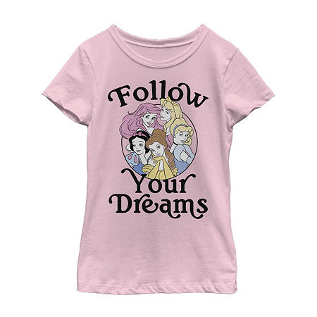 Little & Big Girls Follow Your Dreams Crew Neck Short Sleeve Princess Graphic T-Shirt, X-small, Pink