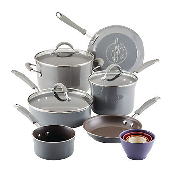 Rachael Ray Cucina Porcelain Enamel 14 Piece Nonstick Cookware and Measuring Cup Set - Sea Salt Gray
