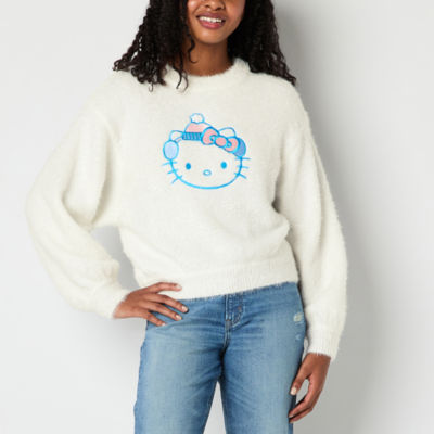 Juniors Hello Kitty  Snow Angel Eyelash Sweater Womens Crew Neck Long Sleeve Hello Kitty Pullover Sweater