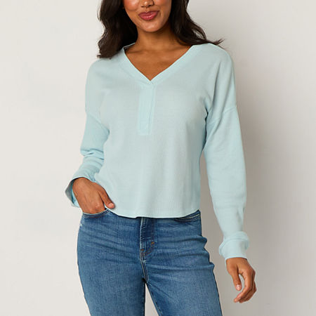 a.n.a Waffle Womens V Neck Long Sleeve T-Shirt, Small, Blue