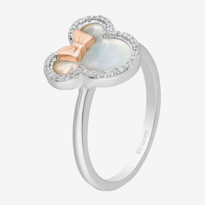Disney Jewels Collection Womens 1/10 CT. T.W. Genuine White Mother Of Pearl 10K Rose Gold Sterling Silver Bow Minnie Mouse Cocktail Ring