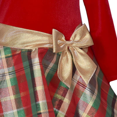 Tejano Christmas Bonnie Jean Girls' Christmas Holiday Velvet Dress -  Red/Black/Gold Plaid, Sizes 2T-16 Bonnie Jean Girls Dresses 7-16