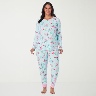 Cuddl Duds Womens Round Neck Long Sleeve 2-pc. Plus Pajama Sets