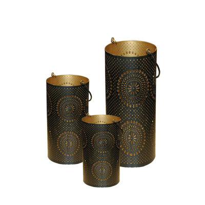 Set of 3 Black and Gold Decorative Floral Cut-Out Pillar Candle Lanterns 12.5"