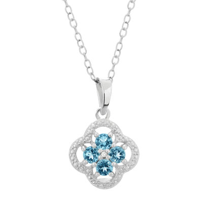 Womens Diamond Accent Genuine Blue Topaz Sterling Silver Flower Pendant Necklace