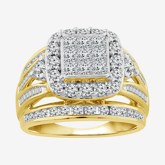 Womens 2 CT. T.W. White Diamond 10K Gold Cushion Side Stone Halo Engagement Ring