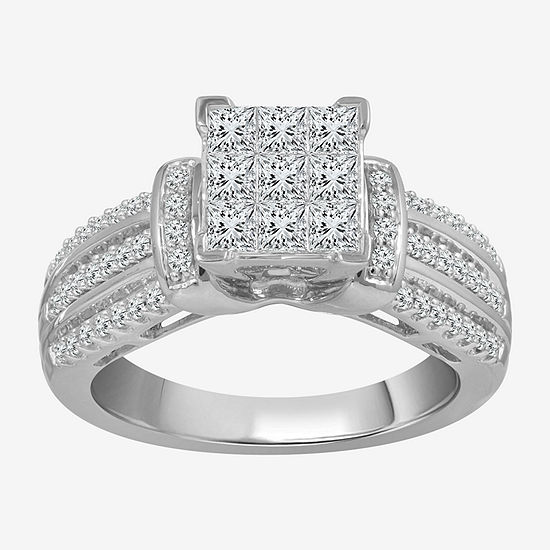 Womens 1 CT. T.W. Genuine White Diamond 10K White Gold Side Stone Engagement Ring