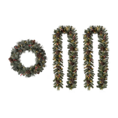 Glitzhome 2-Pack Pre-Lit Indoor Christmas Garland & Wreath Set