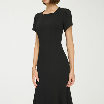 Iconic Luxe Women's Short Sleeve Flare Midi Dress With Pockets - Comfortable Elegance For Every Occasion