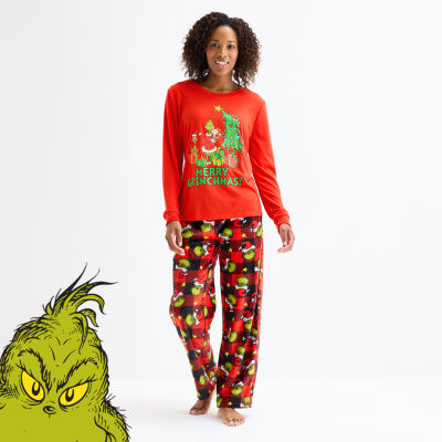 Womens Dr. Seuss Grinch Microfleece Crew Neck Long Sleeve 2-pc. Matching Family Plus Pajama Sets