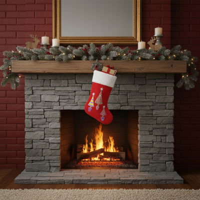 20'' Red and White Embroidered Velveteen Cuff Christmas Tree Stocking