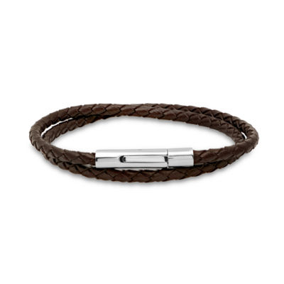 Steeltime Braided Leather Mens Stainless Steel Wrap Bracelet