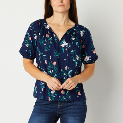 St. John's Bay Womens Keyhole Neck Elbow Sleeve Blouse