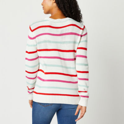 St. John's Bay Womens Crew Neck Long Sleeve Striped Pullover Sweater