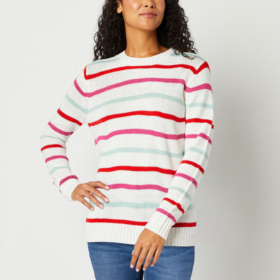 St. John's Bay Womens Crew Neck Long Sleeve Striped Pullover Sweater