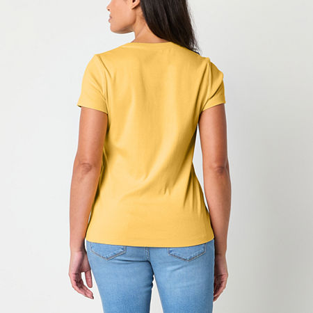 St. John's Bay Womens V Neck Short Sleeve T-Shirt, Petite Medium, Yellow