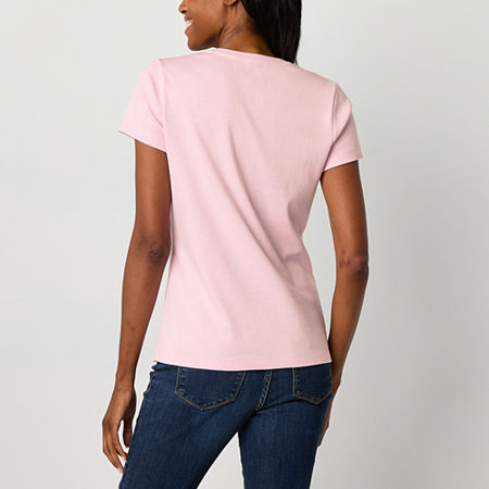 St. John's Bay Womens V Neck Short Sleeve T-Shirt, Petite Small, Pink