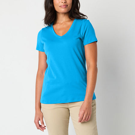 St. John's Bay Womens V Neck Short Sleeve T-Shirt, Petite Large, Blue