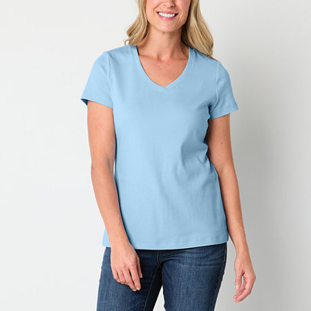 St. John's Bay Womens V Neck Short Sleeve T-Shirt, Large, Blue