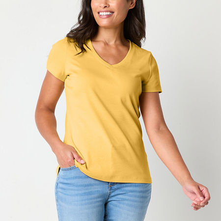 St. John's Bay Womens V Neck Short Sleeve T-Shirt, Petite Medium, Yellow