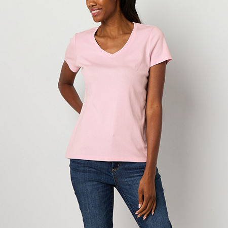 St. John's Bay Womens V Neck Short Sleeve T-Shirt, Petite Small, Pink